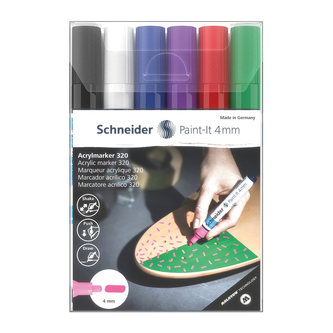 Paint-It 320 Acrylic Markers, 4 mm Bullet Tip, Wallet, 6 Assorted Ink Colors